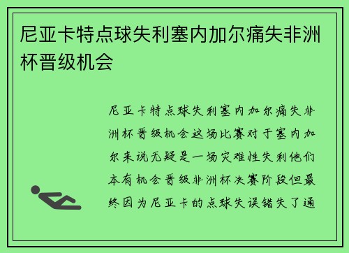 尼亚卡特点球失利塞内加尔痛失非洲杯晋级机会